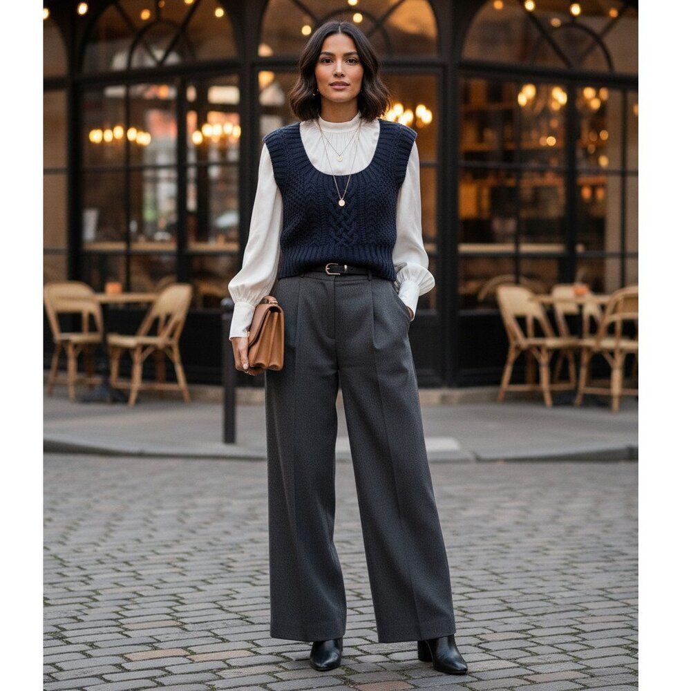 Erica Tanov Hand Knit Wool Cable Knit Vest Tank Top - Navy/Dark Gray - 2 (US 10)